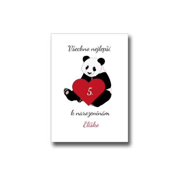 Přáníčko s potiskem Přání Panda Srdce k narozeninám se jménem